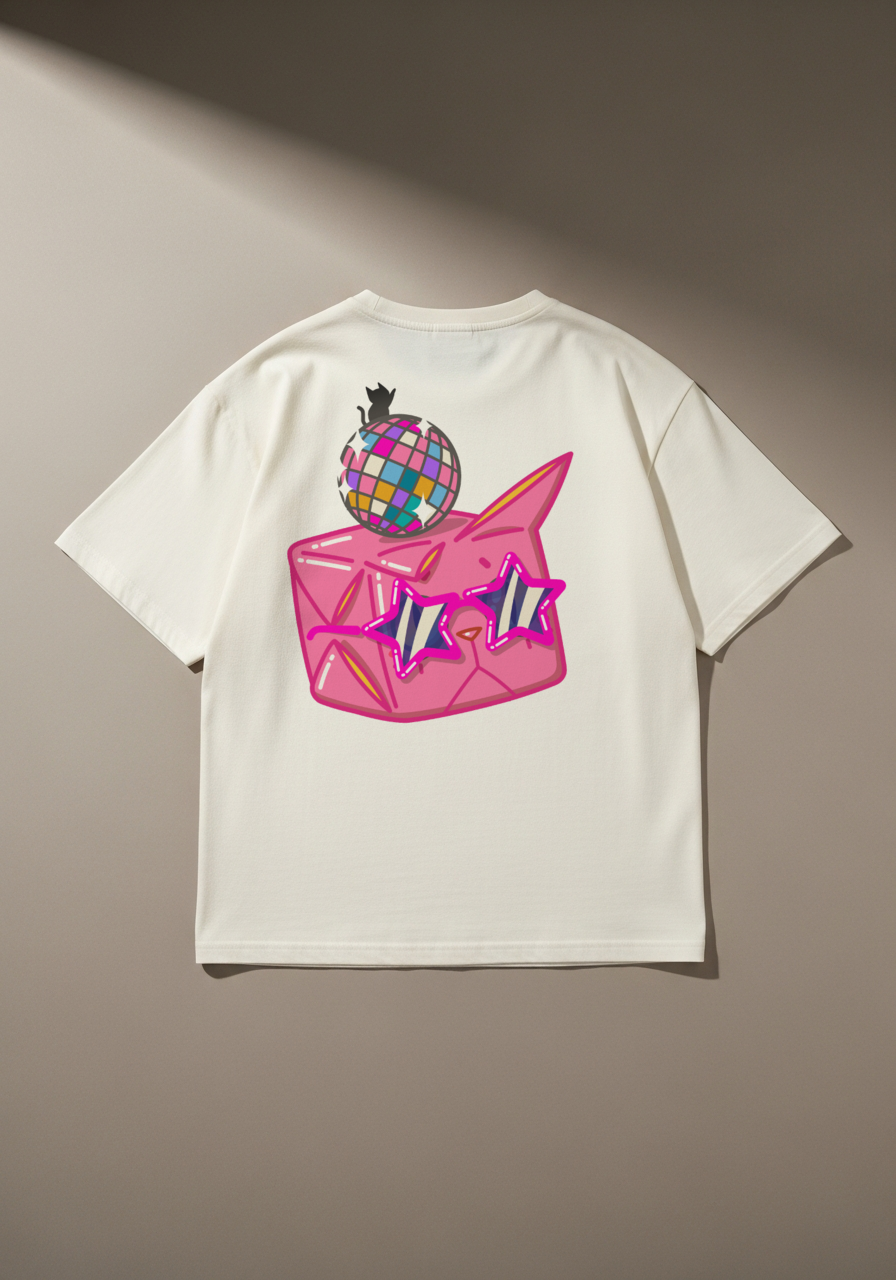 Boxcat Disco Cat Graphic T-Shirt – Heavyweight Cream Oversized Tee