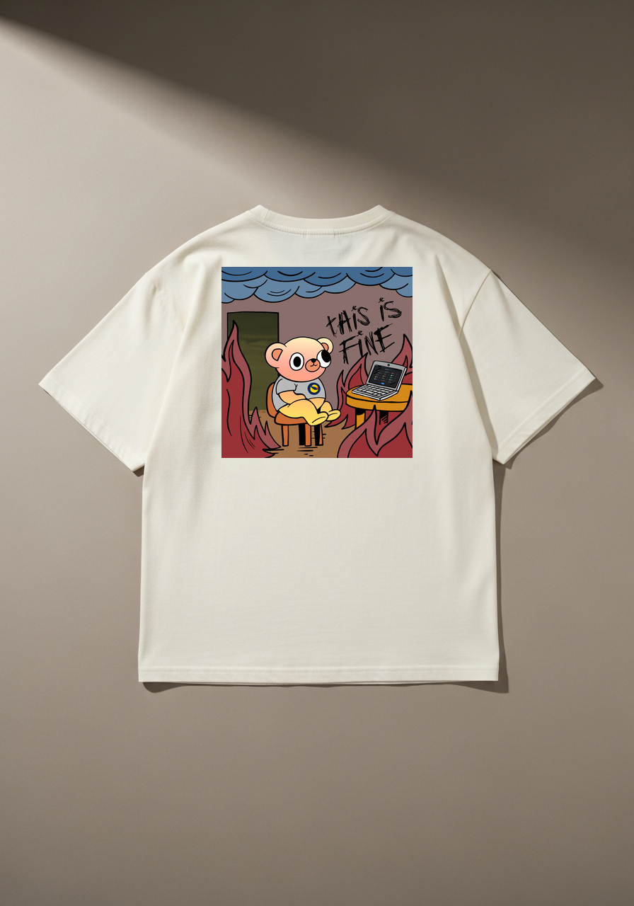 This Is Fine Meme Bear Graphic T-Shirt – Cream Cotton Oversized Tee