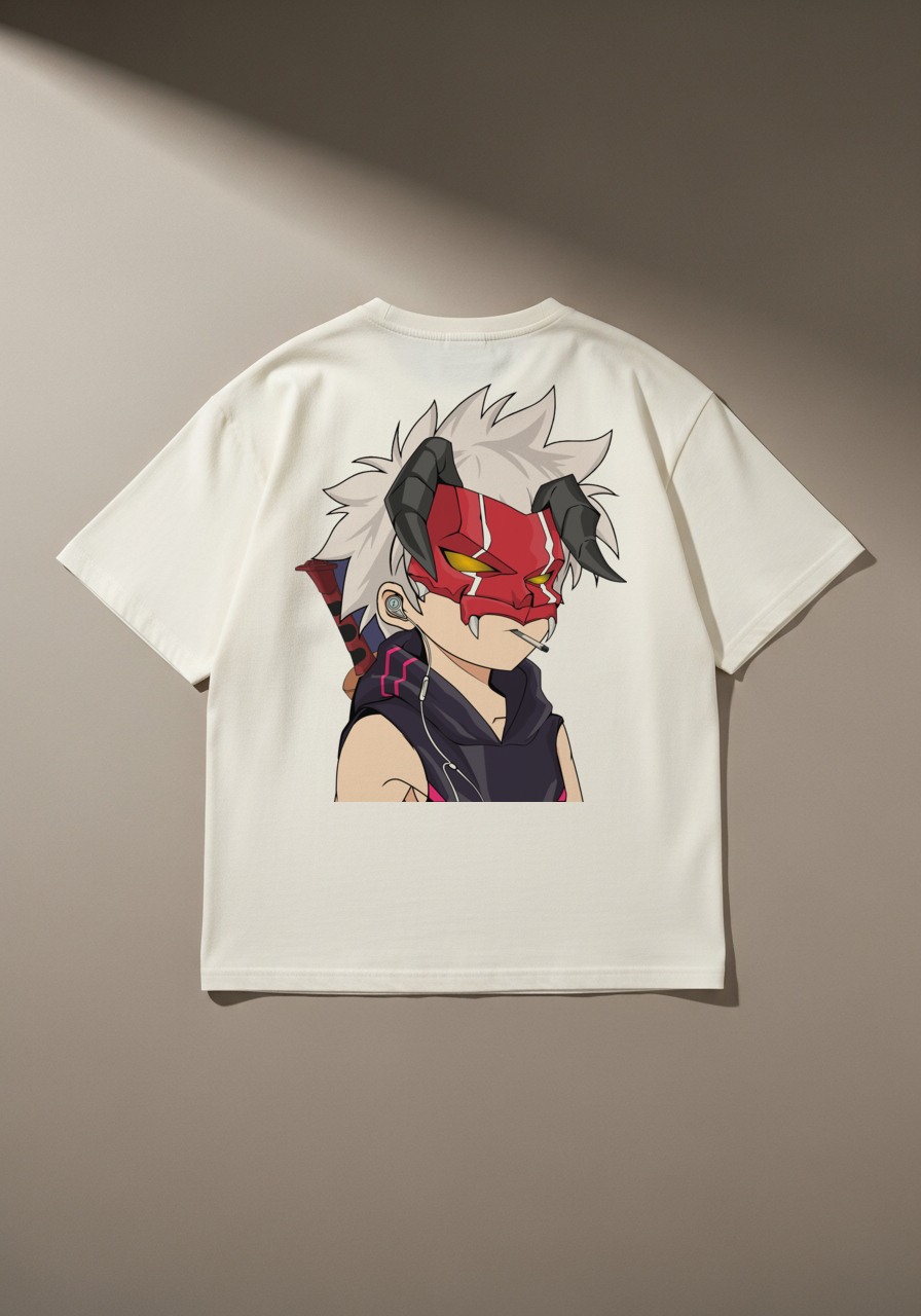 REKT Oni Anime Demon Graphic T-Shirt – Cream Cotton Streetwear Tee
