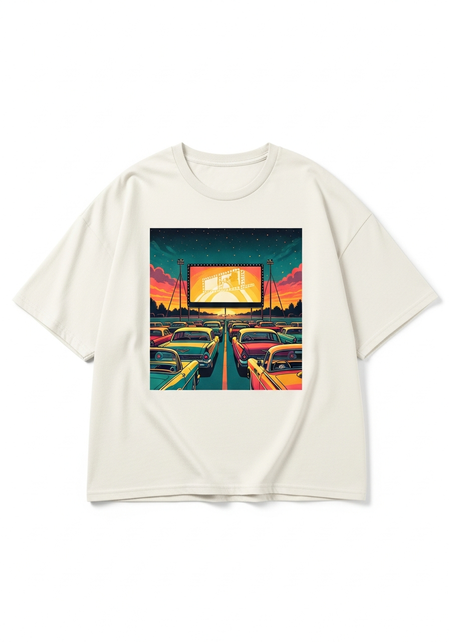 Drive-In Nights Retro Graphic T-Shirt – Vintage Cream Cotton Tee